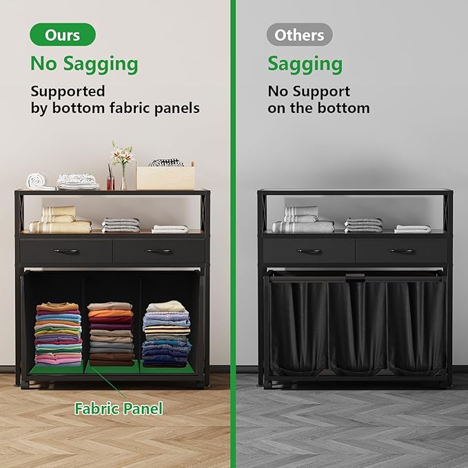 Laundry Hamper 3 Section, 150L Rolling Laundry Sorter Basket with 2 Shelves and 2 Drawers, 3 Compartment Clothes Organizer Cart with Wheels, Pull-Out Bags for Laundry Room, Bathroom, Bedroom