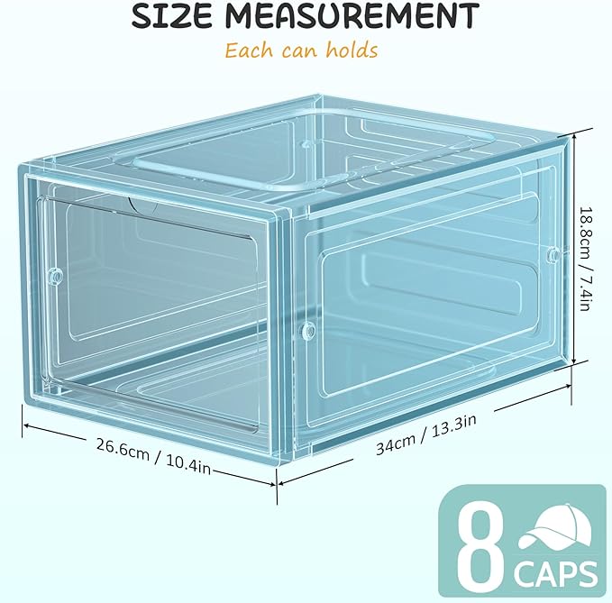 6 Pack Hat Organizer Box, Stackable Clear Baseball Caps Holder Box Containers with Magnetic Door for Hats Snapback Cap Storag, Hat Rack Display Case, Holds 8 Hats Each (Blue)
