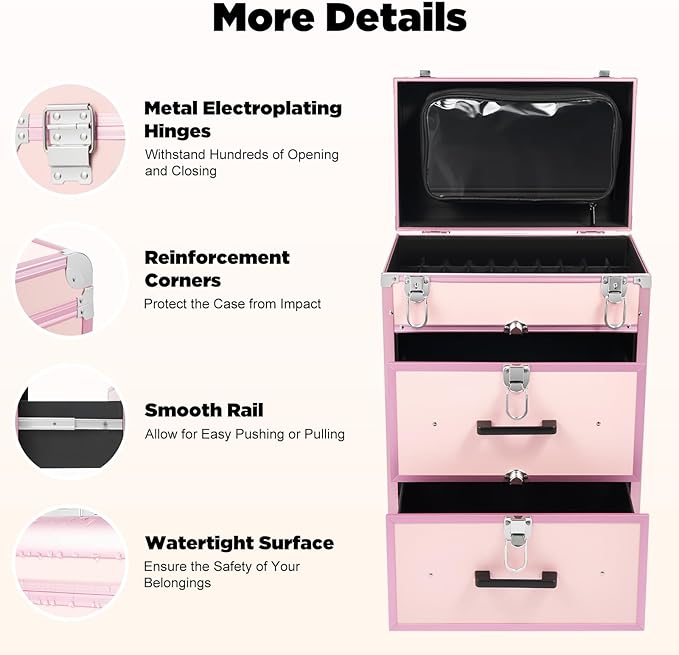 Professional Rolling Makeup Train Case with Drawers, Large Cosmetic Trolley with Locks,Cosmetic Trolley Organizer Case for Travel Makeup/Nail Art/Hair Styling (Pink)