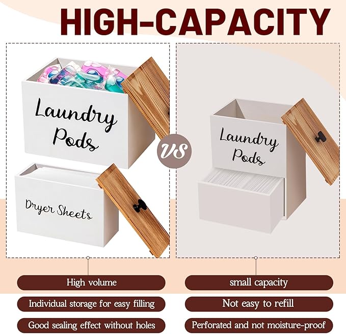 Dandat 3 Pcs Dryer Sheet Holder Laundry Pod Holder Scent Booster Container Set with Scoop Rustic Wood Dryer Sheet Container Laundry Beads Dispenser for Storage(White)
