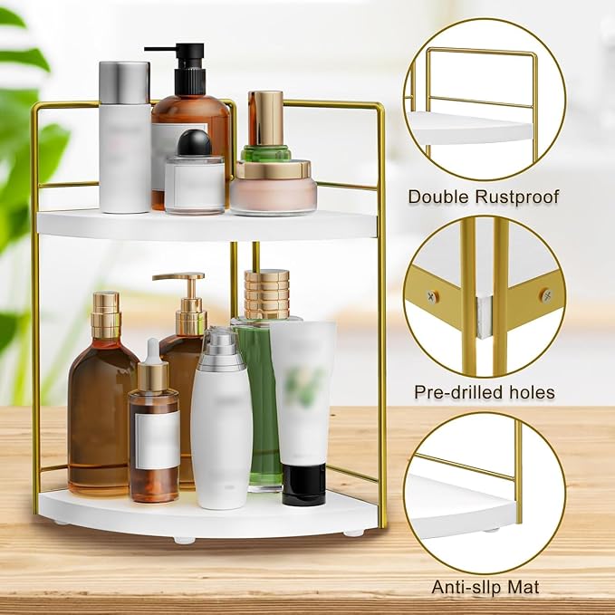 2 Pack Bathroom Counter Organizer, 2 Tier Corner Bathroom Counter Organizer Wooden Vanity Organizers for Bathroom Organizers and Kitchen Storage Dresser Decoration