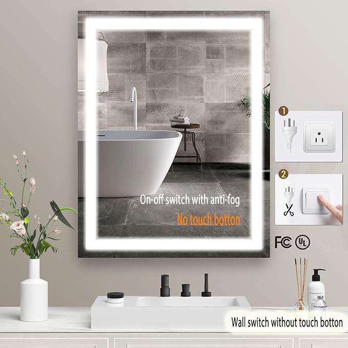 LED Bathroom Mirror 24"x32" Single Color 6000K,Super Bright,LED Mirror for Bathroom Lighted for Wall-Mounted Vanity Mirror with Front Light Anti-Fog,Shatterproof,Non-Touchscreen Switch