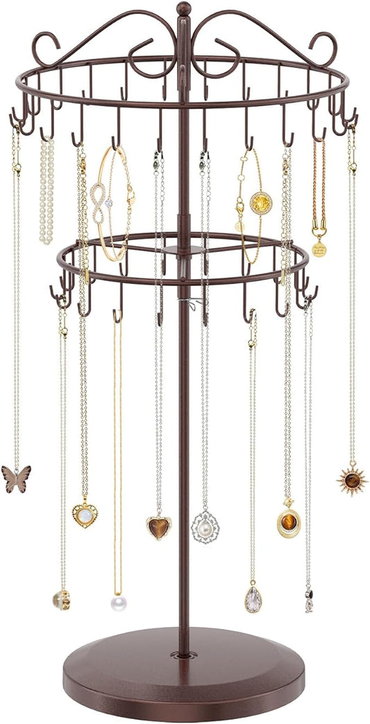iDavosic.ly 2 Tier Rotating Necklace Holder Organizer with 42 Hooks, Adjustable Metal Bracelet Display Stand Rack, Extra Tall Keychain Spinning Tree Tower for Women, Espresso Brown