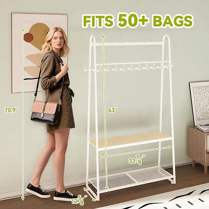 KAFAHOM Purse Rack, Purse Organizer for Closet - Tall Purse Shelf with 8 Hooks & 10 Removable Hangers to Hold Handbags, Backpacks, Pocketbooks., Perfect Purse Display Stand & Storage Tree,White