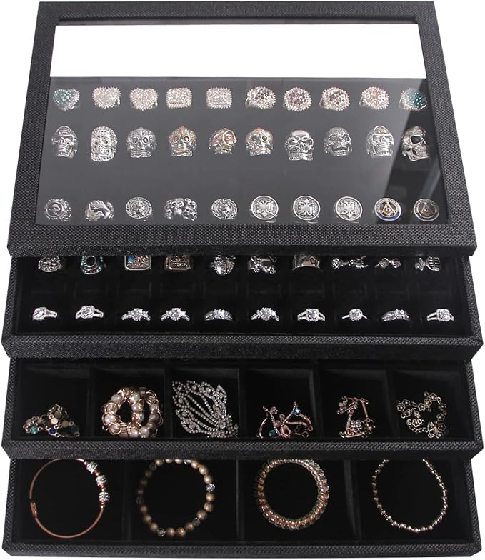 Julysky 4 Pcs/set Stackable Jewelry Organizer Trays with Glass Lid,100 Slots Ring Holder,Bracelet Displays Stand for Selling Necklace Earring Rack
