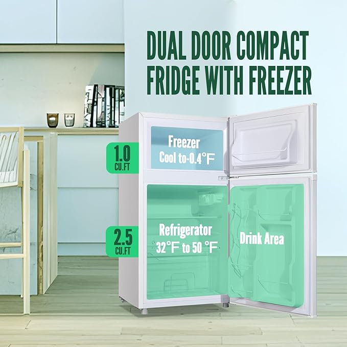 WANAI Mini Fridge with Freezer, 3.5 CU.FT Small Refrigerator with 2 Door & 7 Gear Mechanical Control & Side Bottle Rack, LED Light, Ideal for Dorm, Kitchen, Apartment, Office, White
