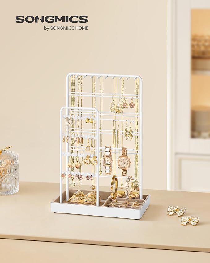 SONGMICS Jewelry Holder, Jewelry Organizer, Jewelry Display Stand with Metal Frame, Velvet Tray, Necklace Earring Bracelet Holder, for Studs, Rings, Gift Idea, Matte White UJJS028W01