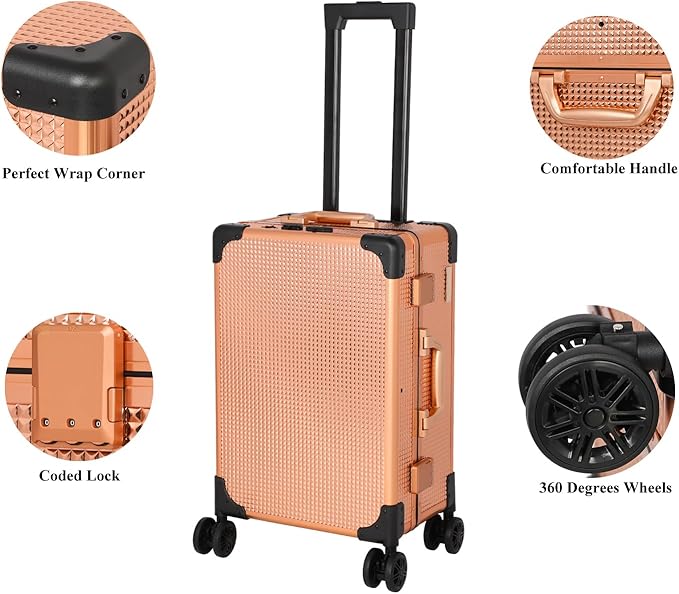 20" Aluminum Ligthed Makeup Train Case with LED Lights Professional Cosmetic Organizer Studio with Speaker, Wheels and Stands Rolling Trolley Makeup Vanity Station for Travel (Rose Gold)