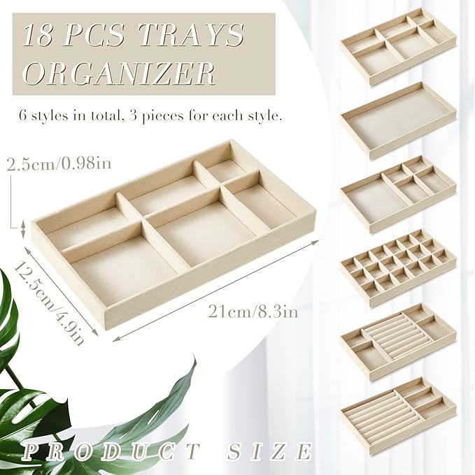 Junkin 18 Pcs Velvet Jewelry Tray Stackable Jewelry Drawer Organizer Jewellery Box Divided Display Tray for Earring Bangle(Beige)