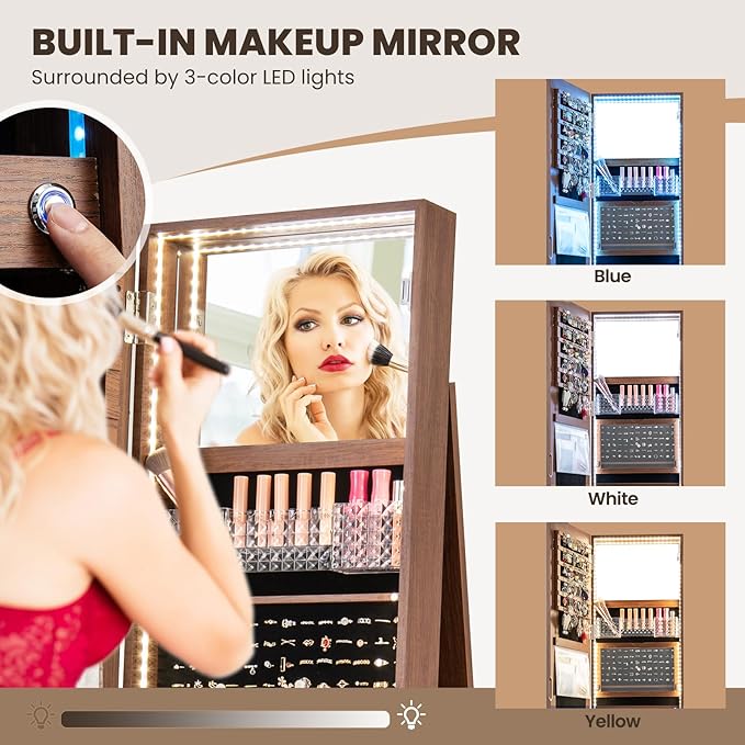 CHARMAID 360° Rotating Jewelry Armoire with LED Lighted Full Length Mirror & Built-in Vanity Mirror, Lockable Standing Jewelry Cabinet with Lights, Large Storage Organizer for Jewelry (Walnut)