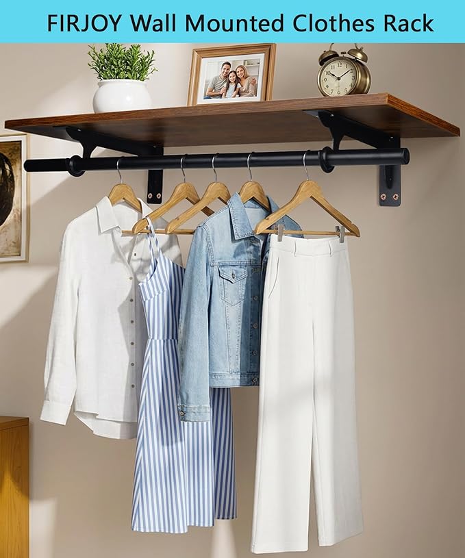 FIRJOY Closet Shelf with Hanging Rod, Heavy Duty (Black, 1 PACK 11.8" x 31.4")