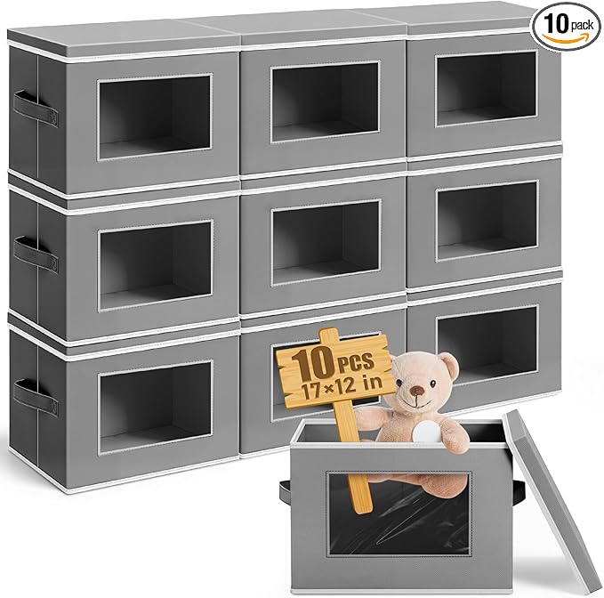 10 Pcs Fabric Storage Bins with Lid 17x12 Inch Stuffed Animal Storage Boxes with Window Handle Collapsible Cube Organizer Basket for Shelves Closet Bedroom Office Clothes Books (Dark Gray)