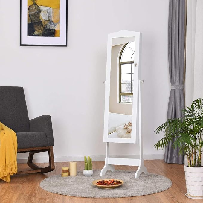 Giantex Jewelry Armoire Organizer with Full Length Mirror, 14 LEDs Floor Standing Jewelry Cabinet with 2 Drawers, 4 Adjustable Angles, Lockable Jewelry Storage Box Cabinet (White)