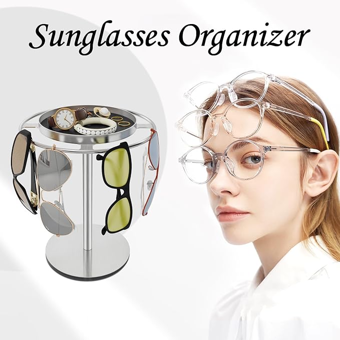 LSK Metal Sunglasses Organizer, Glasses Holder Stand with Storage Tray, Eyeglasses Holder with Anti-Slip Pads for Tabletop, Desk, Dresser, Brushed Nickel
