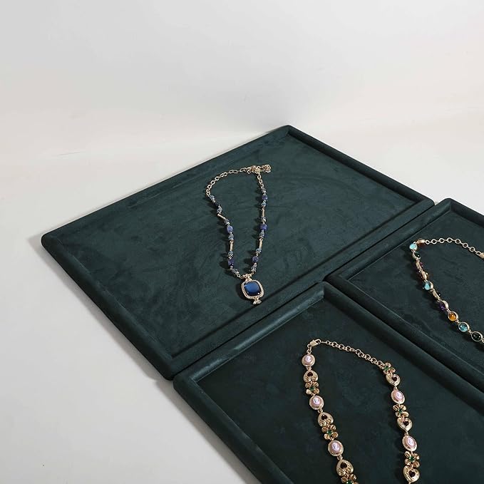 Rectangle Jewelry storage organizer plate, Velvet Jewerly display tray, Empty showcase tray for Necklace Bracelet Ring Earring【Green-Large, 17.7 x 11.8 in 】