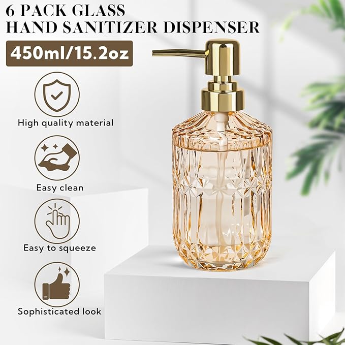 6 Pack Glass Soap Dispenser with Pump 15.2 oz Refillable Liquid Hand Soap Dish Soap Dispensers Vintage Soap Dispenser Liquid Bottle for Kitchen Sink Bathroom Counter(Gold,Gold Pump Head)