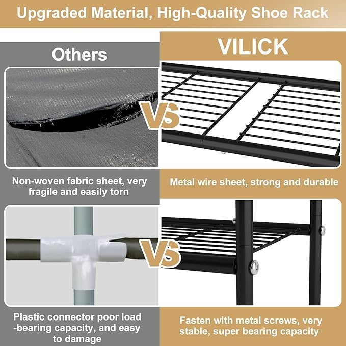 5 Tier Shoe Rack 33" Wide Metal Shoe Organizer Long Shoe Storage with 4 Side Hooks Sturdy Shoes Shelf for Closet, Front Door Entrance, Garage, Dorm, Black