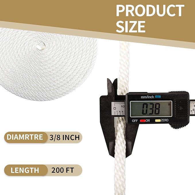 3/8 Inch 200ft White Nylon Solid Braid Rope| High UV & Abrasion Resistance| Industrial Grade, Low Stretch| Multipurpose for Flag Poles, Clotheslines
