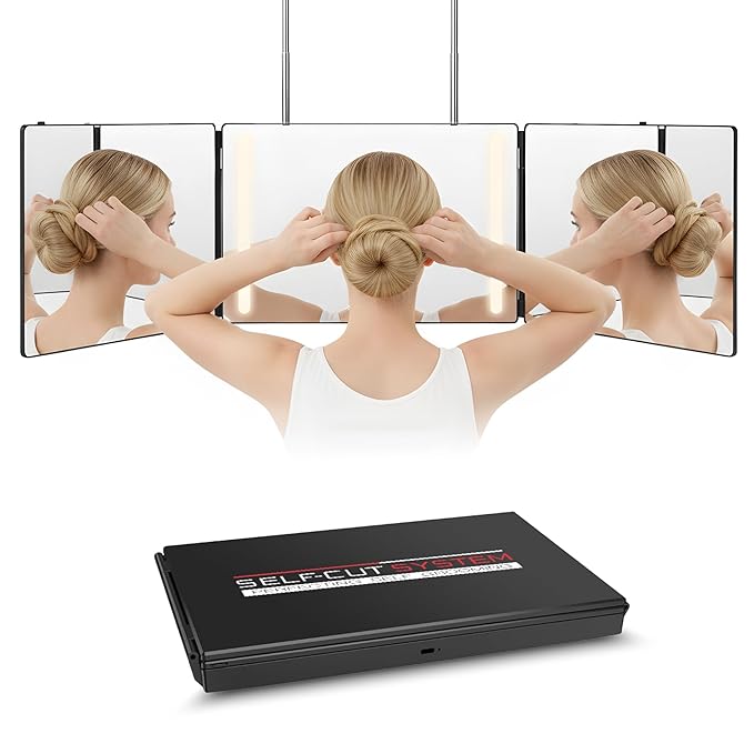 Self-Cut System 3 Way Mirror with LED Lights – Trifold Self Cut Barber Mirror for Men and Women, 360 View for Easy Haircuts, Travel Friendly - Three Way Design for Grooming and Styling