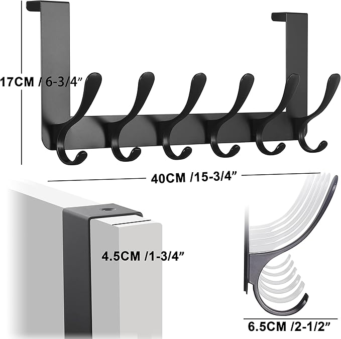 SKOLOO Over The Door Hooks - for Doors up to 4.5cm Thick, No Assembly Required, Stainless Steel Door Hanger with 6 Hooks, Over The Door Hanger for Coats Clothes Hat Towel Jacket, Black