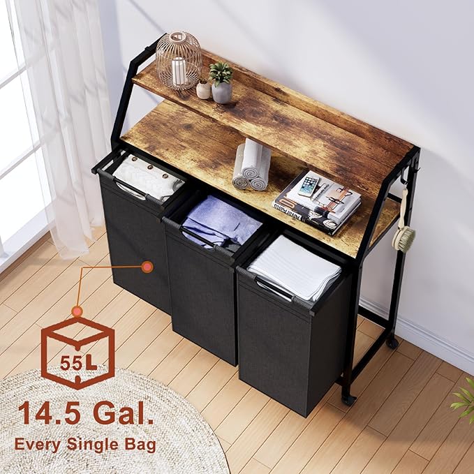 Laundry Hamper, Laundry Sorter 3 Section, Rolling Laundry Basket with Wheels, 2 Shelves, 3 × 14.5 Gal, Pull-Out and Removable Oxford Fabric Bags, for Laundry Room, Black and Rustic Brown