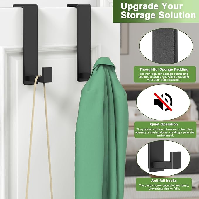 Over The Door Hooks, Door Hanger Hooks for Hanging Heavy Duty, Hat Organizer Coat Rack Towel Hooks for Bathroom, Door Rack for Bedroom Entryway Office (Black, 2 Pack, Fits 1-3/4" Thick Door)