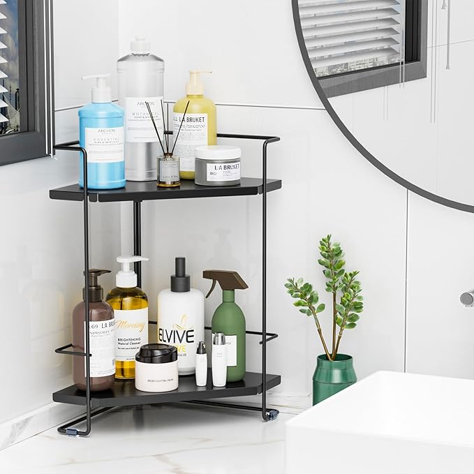 Bathroom Organizer Countertop, 2-Tier Bathroom Organizers and Storage for Bathroom Countertop, Kitchen Counter, Corner Storage Shelf for Storage, Skincare, Perfume, Makeup (Black)
