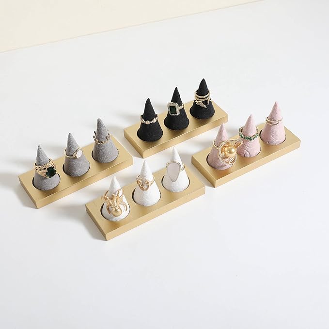 GemeShou Jewelry ring display holder for selling, velvet ring cone display stand, cute cone shaped ring holder with golden coated base,Medium jewelry ring storage organizer【Ring holder-white 3 cone】