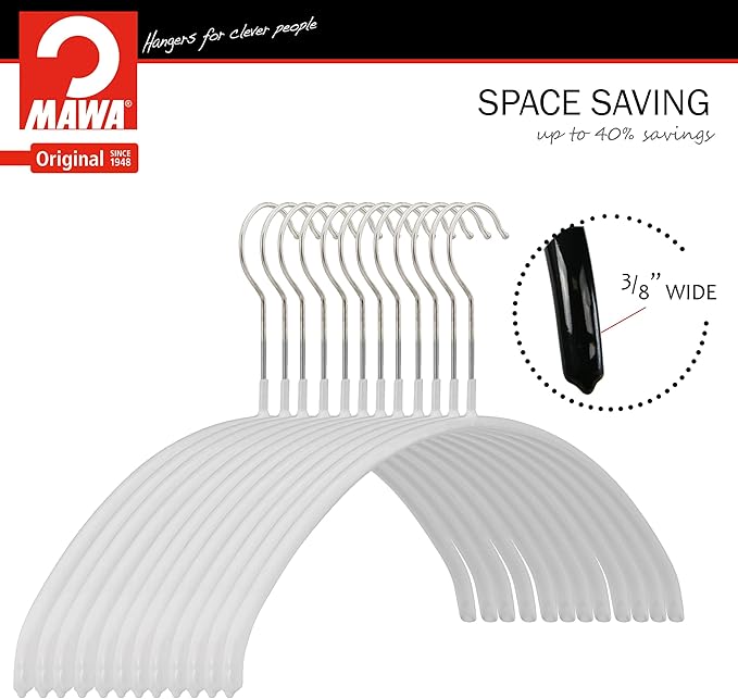 Mawa Narrow Petite Clothing Hangers, Steel Hanger with Non-Slip Coating, for Shirts, Blouses, Dresses, Light Jackets, 360-degree Rotatable Hook, Set of 4, White