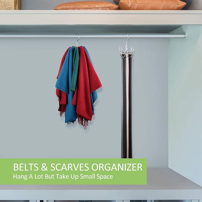 Belt Hanger, 2 Pack Rotatable Belt Organizer for Closet, Accessories Rack, Space Saving Hanging Holder Storage Hook for Belt, Tie, Scarf, Purse, Bra, Tank Top, Silver