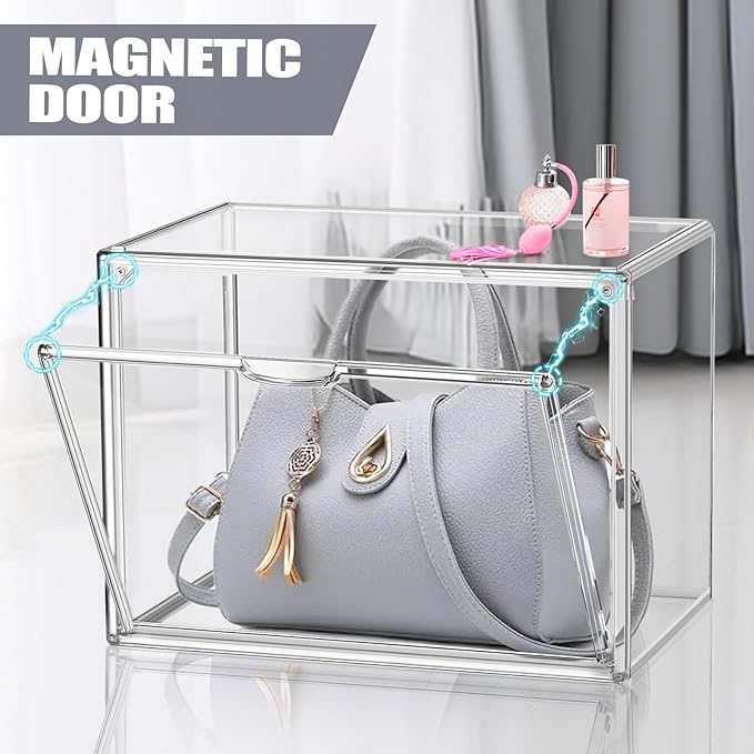 Purse Organizer for Closet 14.1''x 8.6''x10.9 '', 1 Pack Clear Acrylic Display Case for Handbag X-Large Handbag Storage Box with Magnetic Door, Clear Storage Bins for Collectibles, Figurines, Cosmetic