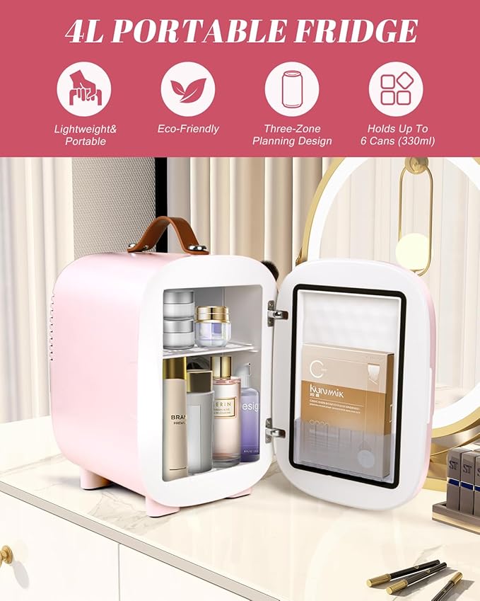 Mini Fridge for Bedroom, 4 Liter/6 Can Skincare Fridge With LED Mirror,12v AC/DC Cooler & Warmer Portable Small Refrigerator for Drinks, Makeup, Dorm, Office and Car(Pink)