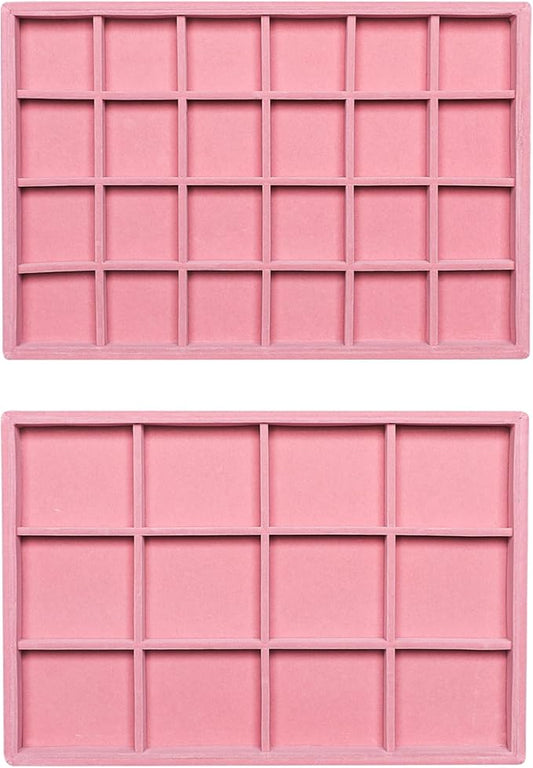 Frebeauty Stackable Velvet Jewelry Organizer Trays for Drawers Inserts Jewelry Storage Tray Display Case, Stud Earrings Bracelets Necklace Rings Accessories Trays for Women(Set of 2)(Pink)