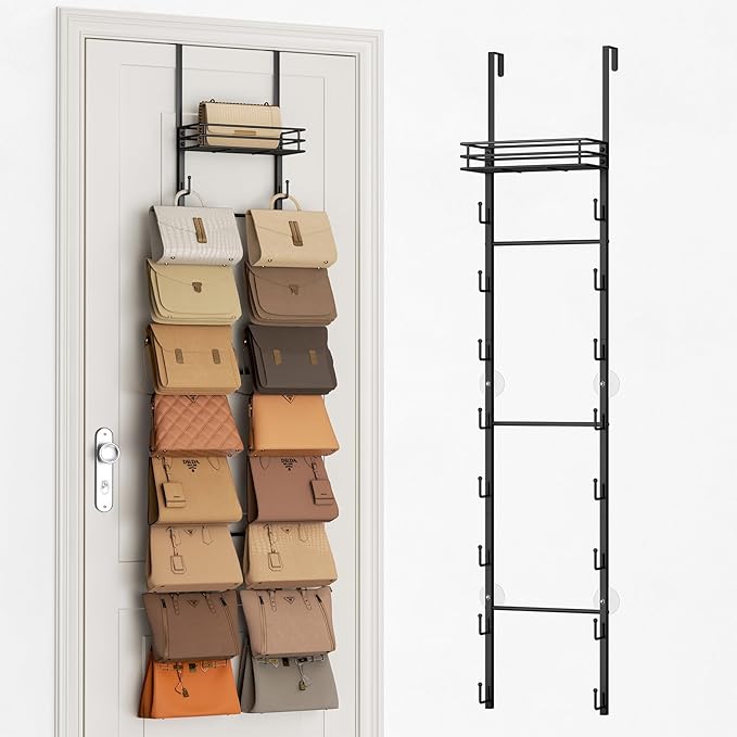 SWTYMIKI Over The Door Purse Organizer - Wall Mounted Handbag Organizer with 16 Hooks and Metal Basket, Hanging Purse Storage Rack Holds up to 16 Bags, Bag Rack Can Use As 1/2 Part, for Door, Closet