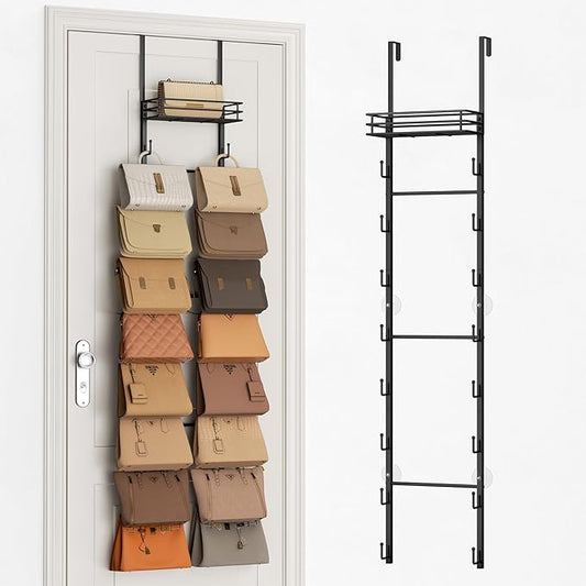SWTYMIKI Over The Door Purse Organizer - Wall Mounted Handbag Organizer with 16 Hooks and Metal Basket, Hanging Purse Storage Rack Holds up to 16 Bags, Bag Rack Can Use As 1/2 Part, for Door, Closet