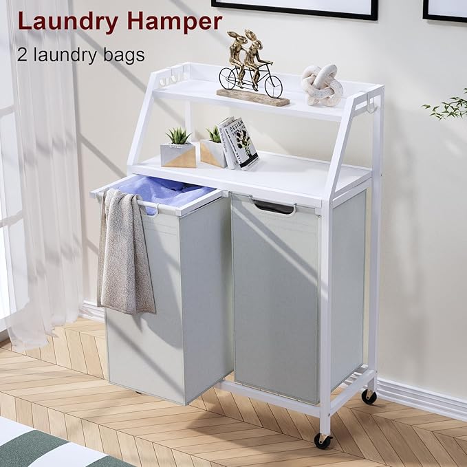 Laundry Hamper, Laundry Sorter 2 Section, Rolling Laundry Basket with Wheels, 2 Shelves, 2 × 14.5 Gal, Pull-Out and Removable Oxford Fabric Bags, for Laundry Room, White and Grey