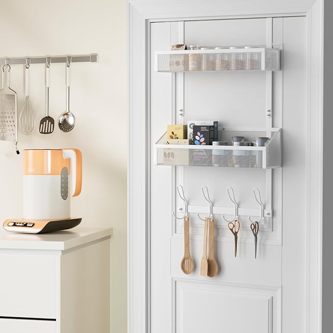 Hocookeeper Over The Door Organizer, Over The Door Hooks & Baskets - 12 Hooks & 2 Mesh Baskets Back of Door Storage Organizer for Bathroom, Kitchen, Bedroom (White)