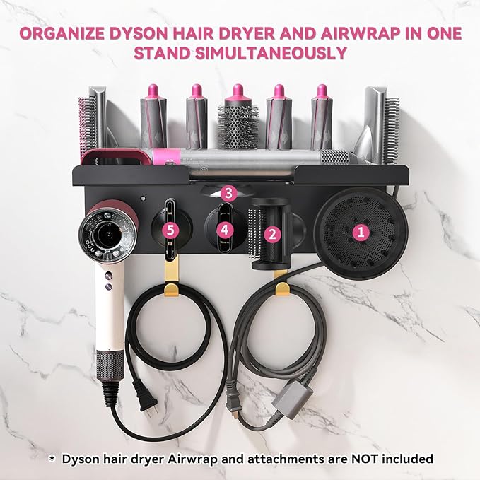 Wall Mount Holder for Dyson Airwrap Styler & HD16 Hair Dryer, 2-in-1 Curling Iron Organizer with Hooks, Magnetic Storage Rack for Accessories Nozzles Barrels Brushes