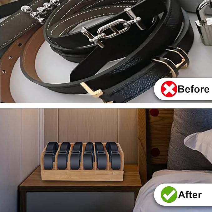 GTI Belt Organizer, 6 Compartments Belt Organizer for Closet and Drawer, Bamboo Display Case for Tie and Belt, Belt Storage Organizer for Men Women (Wooden)