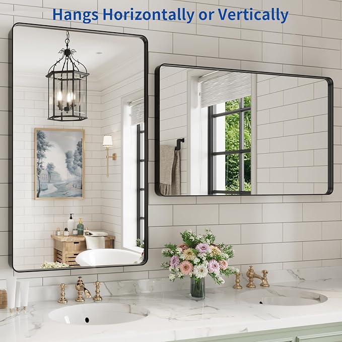 WEER Black Bathroom Mirror for Wall, 40X24 Inch Matte Black Mirror, Rectangular Black Metal Framed Vanity Mirror with Tempered Glass, Rounded Corner, Anti-Rust (Horizontal/Vertical)