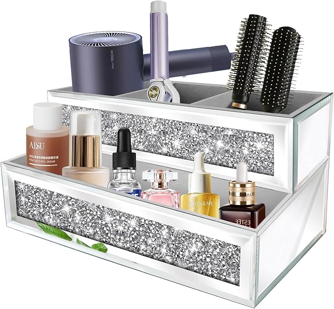 Mirror Hair Dryer Holder Upgrade Crystal Crush Diamond Hair Tool Organizer Wall Mount. Silver Bathroom Cabinet Tray for Blow Dryers, Hairdryer Straightener, Makeup,Brushes .(10.5”x7”x5”)