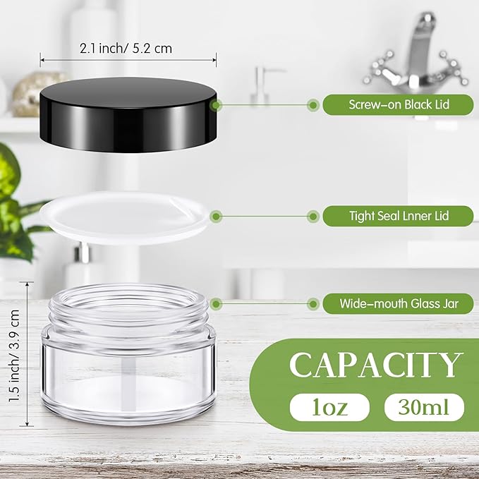 Domensi 60 Pcs 1oz Glass Jars with Lids Bulk Salve Tins Winter Cream Container Small Glass Candle Cosmetic Jars for Travel Lip Balm with Inner Liners for Lotion Sample Cream(Clear, Black Lid)