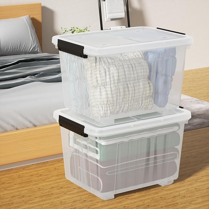 4-Pack 50 Quart Plastic Storage Bin Box Organizing Container with Lid and Secure Latching Buckles, Stackable Wheeled Box, Clear