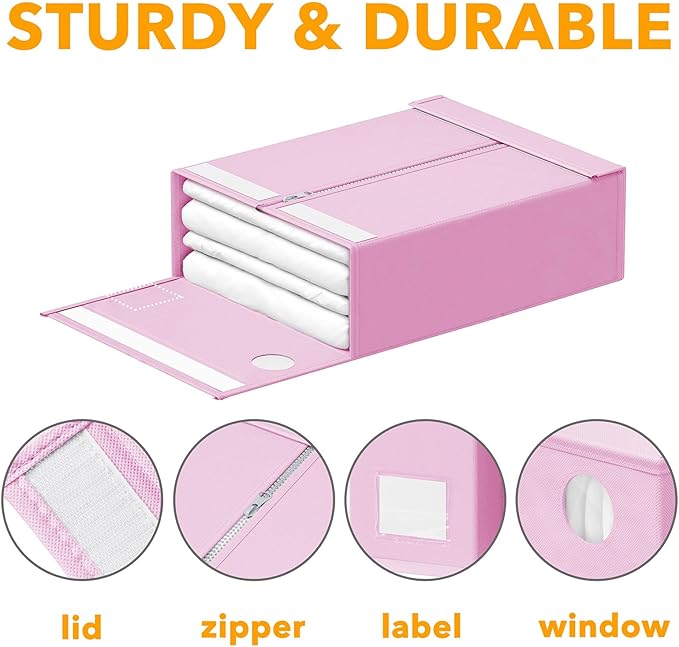 SpaceAid 4 Pack Bed Sheet Organizers and Storage, Foldable Sheet Organizer for Linen Closet, Sheets Set Folder Keeper with Window XL (Queen & King Size) Bedding Container (Pink, 4 Pack)