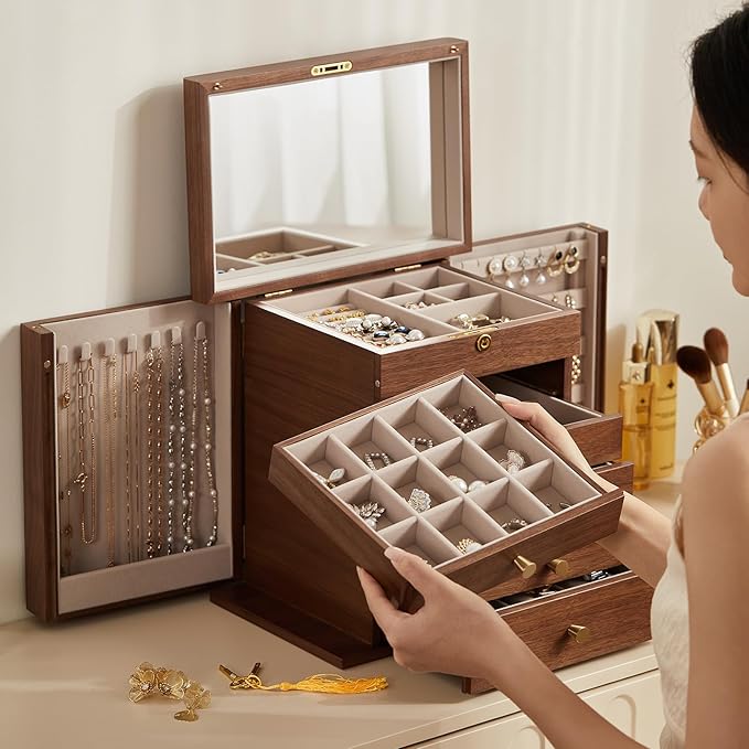 Black Walnut Wooden Jewelry Box, Wood Jewelry Organizer with 2 Side Doors Mirror Lockable Classical Style for Watch Necklace Ring Earring Storage Valentine's Day Gifts-6 Layer