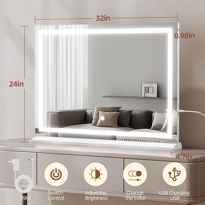 Vanity Mirror with Lights, 24" x 32" Makeup Mirror with 3 Color Modes 5X Magnification & USB/Type-C Charging Port, Large LED Mirror for Bedroom Tabletop & Wall Mounted
