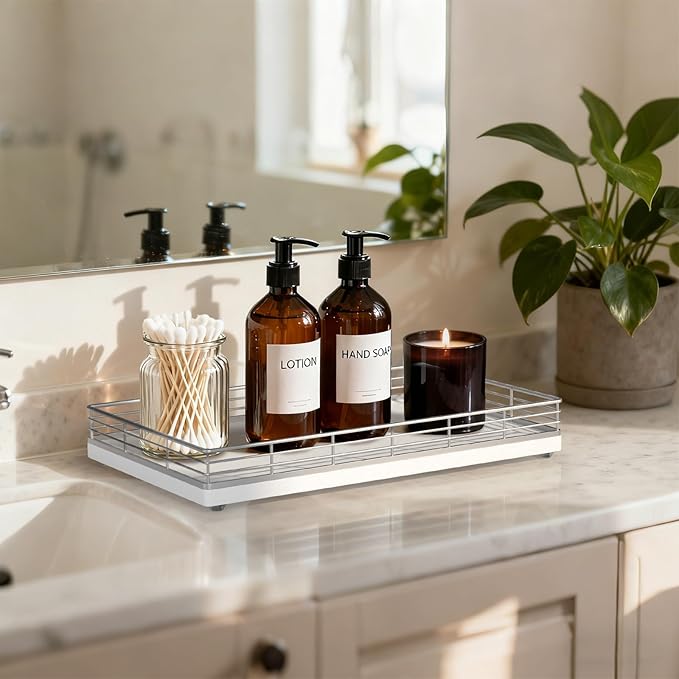 Large Bathroom Vanity Tray – 13" x 8" Oak Decorative Wooden Tray for Bathroom Countertop & Vanity Organizer, Wood Tray for Perfume, Skincare & Accessories Storage, Vanity Dresser Decor Sliver & White