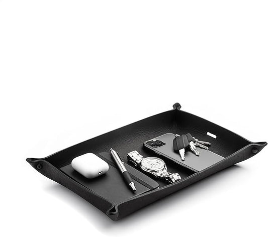 Main Street Forge Leather Valet Tray for Men – Rustic EDC Organizer for Keys, Phone & Wallet – Made in USA – Midnight Black
