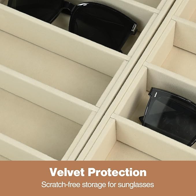 Sunglass Organizer Tray 2 Pcs - 6-Velvet Sunglasses Organizer Tray, Compartment Stackable Glasses Drawer Storage and Display, Trade Show Home Use, Display Case for Eyeglasses Jewelry Display–Beige