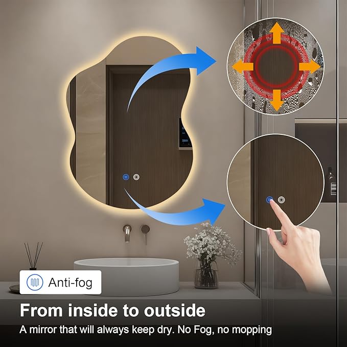 Asymmetrical Lighted Mirror for Bathroom,Modern LED Vanity Mirror with Backlit,Fog-Free,Tri-Color Dimmable Lighting with Memory Function,Hardwire Ready [Horizontal/Vertical] 30" H x 22" W